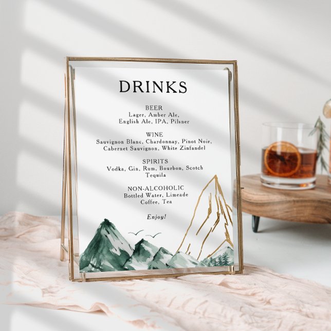 Green and Gold Mountain Wedding Drinks Menu Sign (Creator Uploaded)