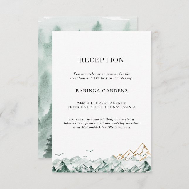 Green and Gold Mountain Wedding Reception Card (Front/Back)