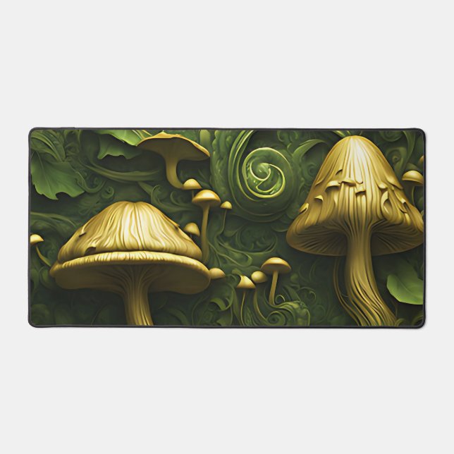 Green and gold mushroom on floral desk mat (Front)