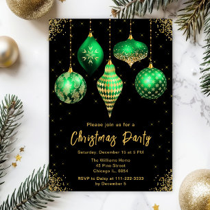 Green and Gold Ornaments Christmas Party Invitation