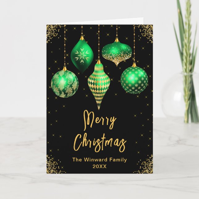 Green and Gold Ornaments Merry Christmas Holiday Card (Front)