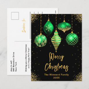 Green and Gold Ornaments Merry Christmas Holiday Postcard