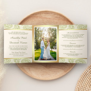 Green and Gold Paisley Indian Style Wedding Photo Tri-Fold Invitation