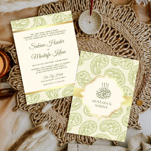 Green and Gold Paisley Islamic Muslim Wedding Invitation