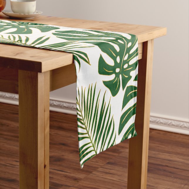 Green and gold palm and monstera tropical leaves short table runner (In Situ)