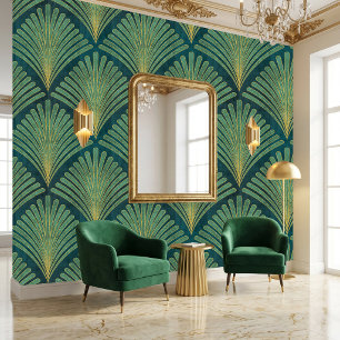 Green and Gold Palm Leaf Art Deco Pattern on Teal Wallpaper
