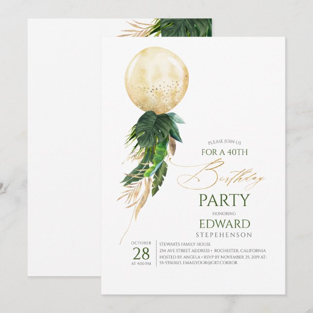 Green and Gold Palm Leaves Giant Balloon Birthday Invitation (Front/Back)