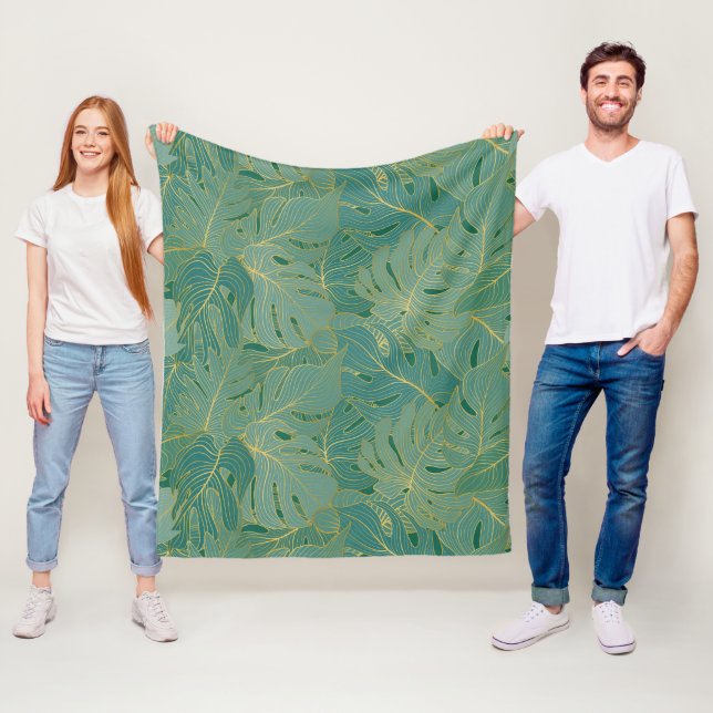 Green and gold palm leaves pattern fleece blanket (In Situ)