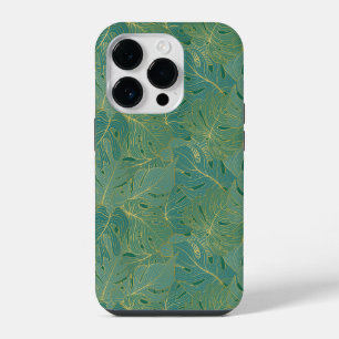 Green and gold palm leaves pattern iPhone 14 pro case