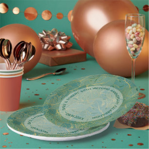 Green and gold palm leaves pattern paper plate