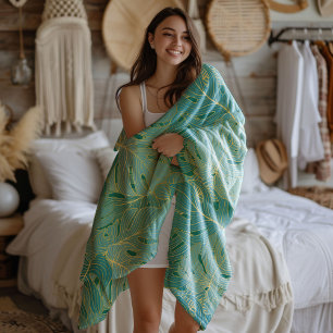 Green and gold palm leaves pattern sherpa blanket