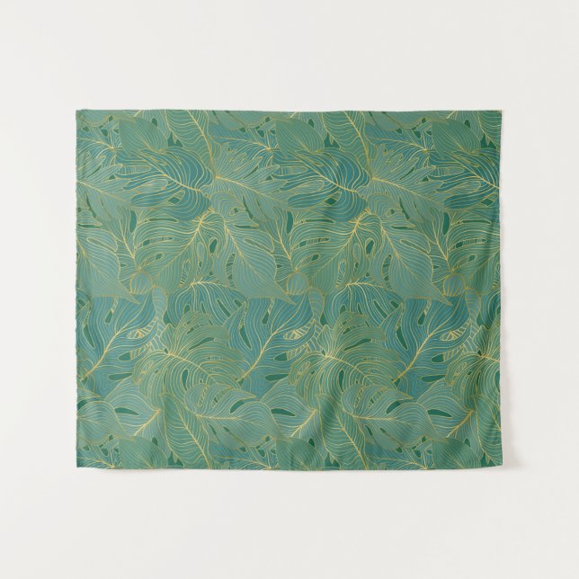 Green and gold palm leaves pattern tapestry (Front (Horizontal))