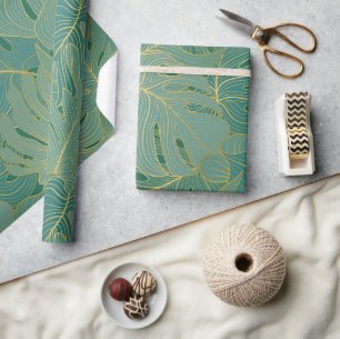 Green and gold palm leaves pattern wrapping paper