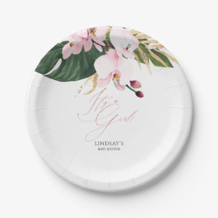 Green and Gold Palm Leaves Pink Orchids Elegant Paper Plate