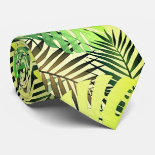Green and gold palm tropical leaves neck tie