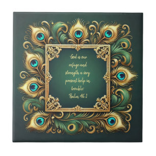 Green and Gold Peacock Frame Bible Verses  Tile