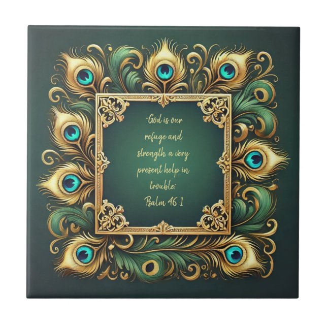Green and Gold Peacock Frame Bible Verses  Tile (Front)
