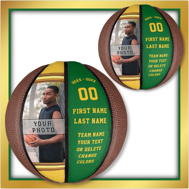 Green and Gold, Photo, Custom Mini Basketball,  Basketball (Senior night gift ideas for basketball. Green and Gold Basketball. Gifts for basketball players.)
