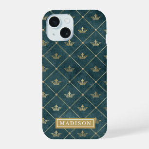 Green and Gold Queen Crown Pattern Custom Name iPhone 15 Case