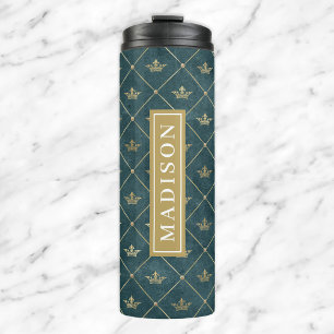 Green and Gold Queen Crown Pattern Custom Name Thermal Tumbler