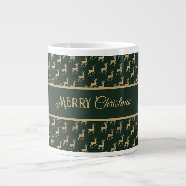 Green and Gold Reindeer Holiday Large Coffee Mug (Front)