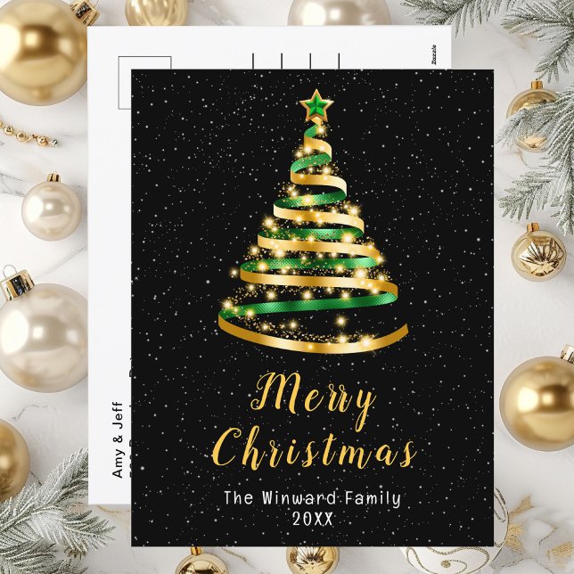 Green and Gold Ribbon Tree Merry Christmas Holiday Postcard (Creator Uploaded)