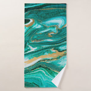 Green and gold ripple of agate background. Golden  Bath Towel