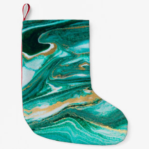 Green and gold ripple of agate background. Golden Small Christmas Stocking