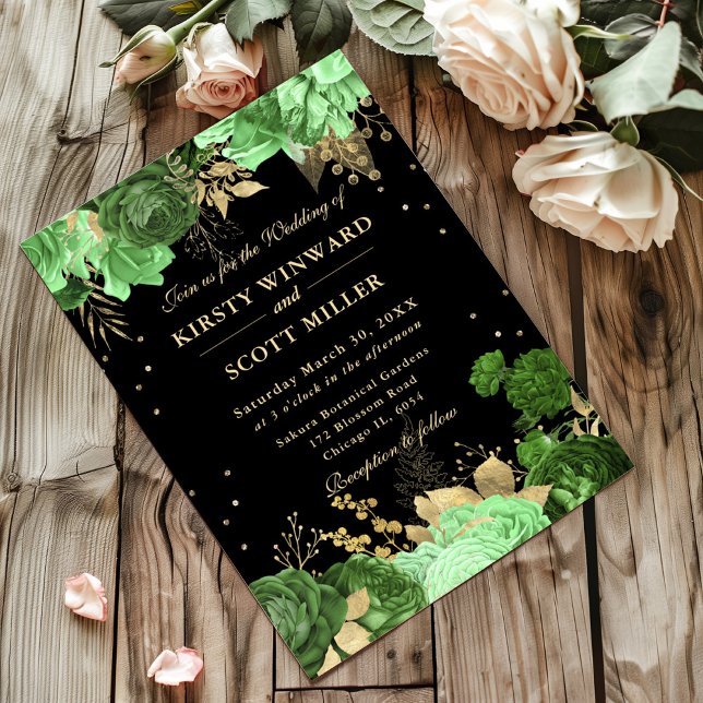 Green and Gold Roses Border Floral Wedding Invitation (Creator Uploaded)