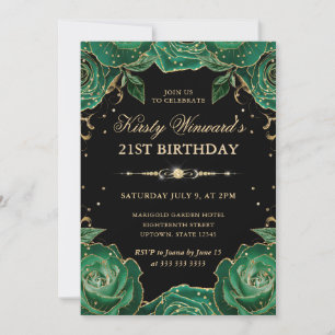 Green and Gold Roses Floral 21st Birthday Invitation