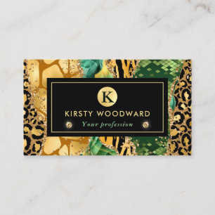 Green and Gold Safari Animal Glitter Agate Business Card