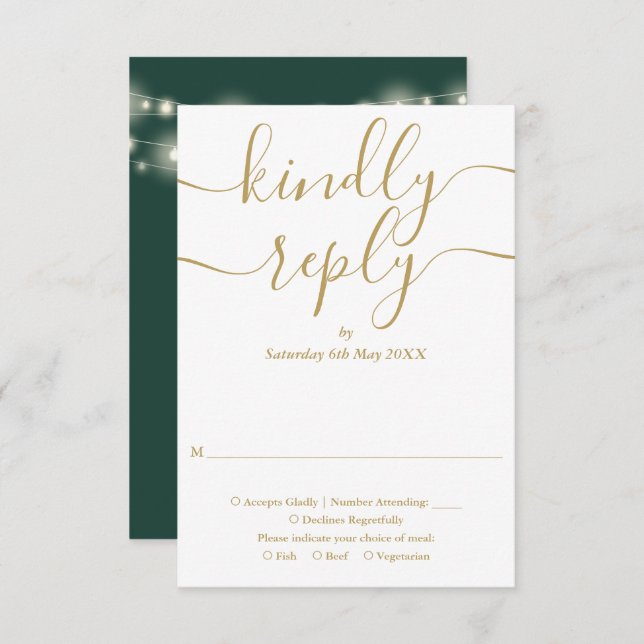 Green And Gold Script String Lights Wedding RSVP Card (Front/Back)