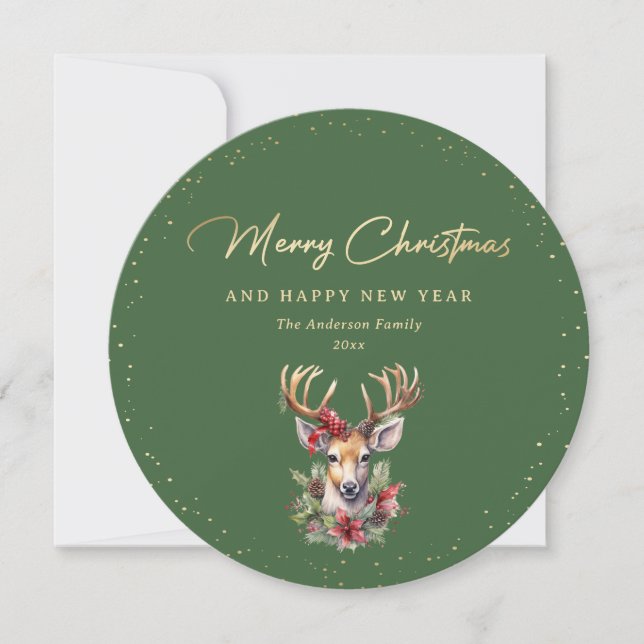 Green and Gold Snow Deer Merry Christmas Holiday Card (Front)