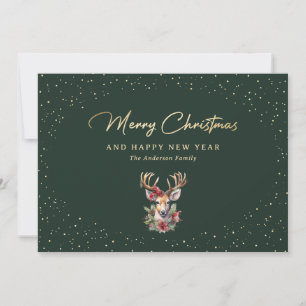 Green and Gold Snow Reindeer Holiday Card
