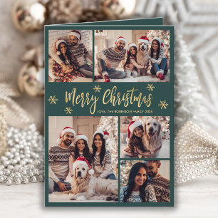 Green and Gold Snowflake 6 Photo Collage Christmas Holiday Card