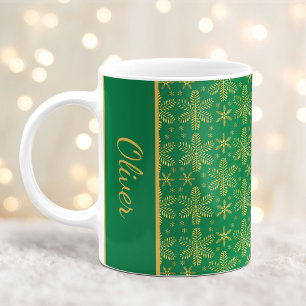 Green and Gold Snowflakes Christmas Mug with Name