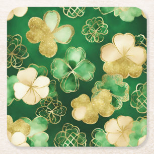 Green and Gold St Patrick's Day Shamrock Square Paper Coaster