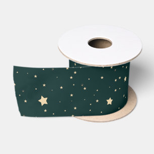 Green and Gold Starry Night Pattern Christmas Satin Ribbon