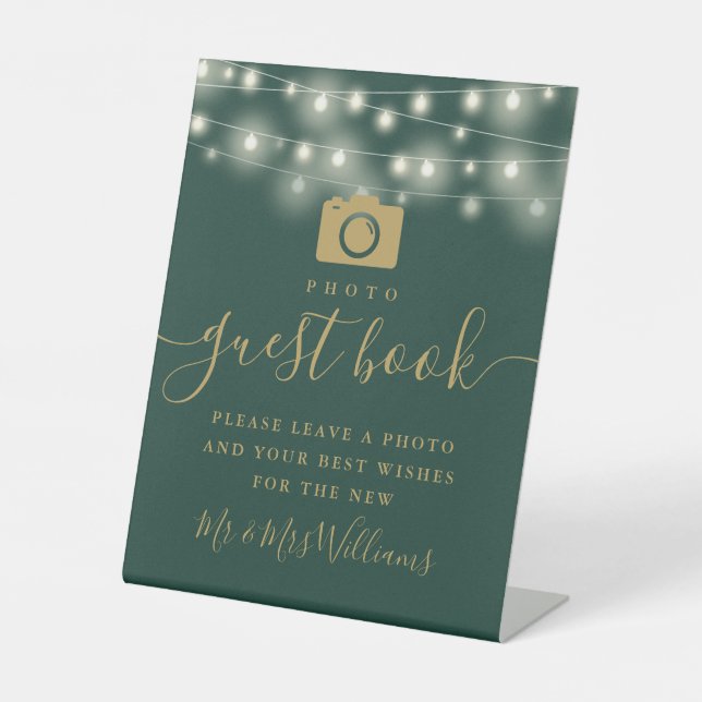Green And Gold String Lights Photo Guest Book Pedestal Sign (Front)