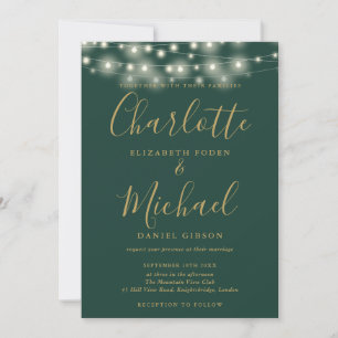 Green And Gold String Lights Script Photo Wedding  Invitation