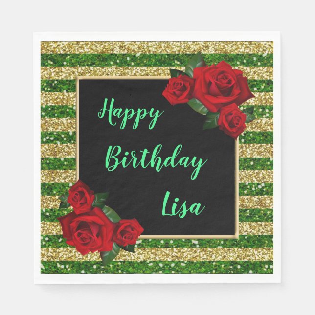 Green And Gold Stripes Glitter Red Roses Birthday Napkin (Front)