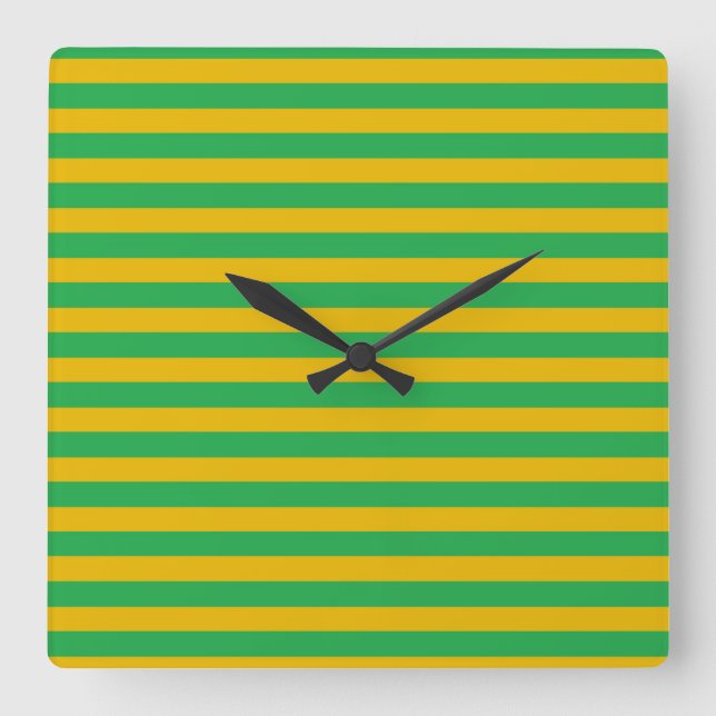 Green and Gold Stripes Square Wall Clock (Front)