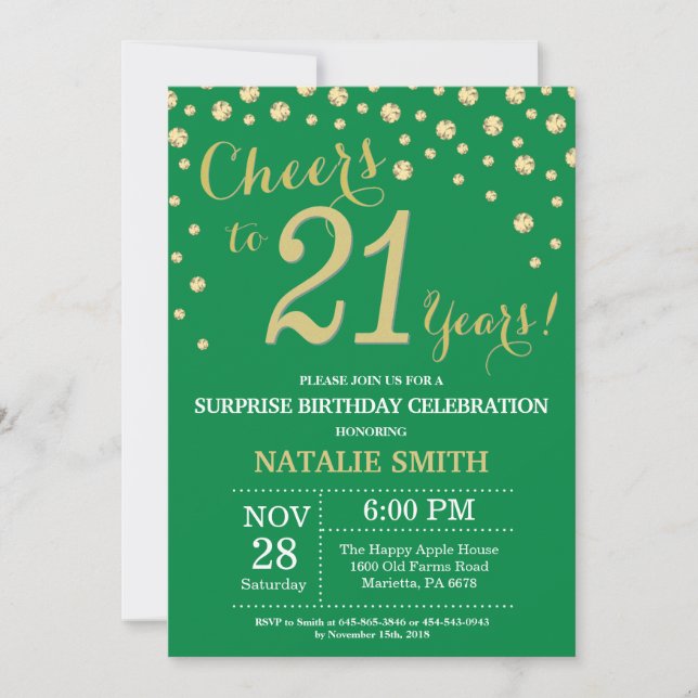 Green and Gold Surprise 21st Birthday Diamond Invitation (Front)