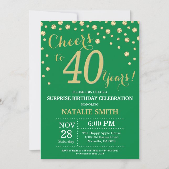 Green and Gold Surprise 40th Birthday Diamond Invitation (Front)