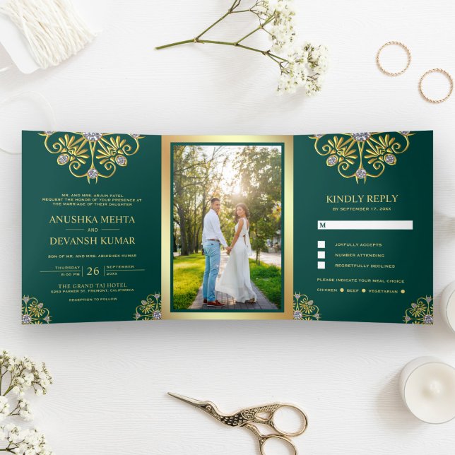 Green and Gold Traditional Mandala Indian Wedding Tri-Fold Invitation (Creator Uploaded)