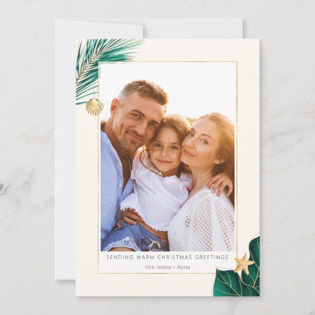 Green and Gold Tropical Greenery Photo Holiday Card (Front)