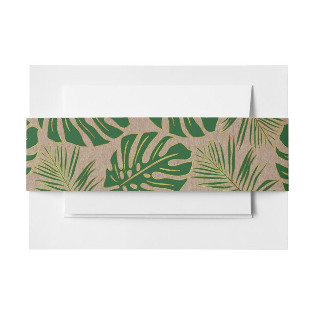Green and gold tropical leaves kraft paper wedding invitation belly band (Front Example)