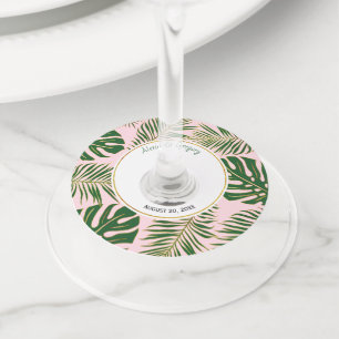 Green and gold tropical leaves pink wedding wine glass tag