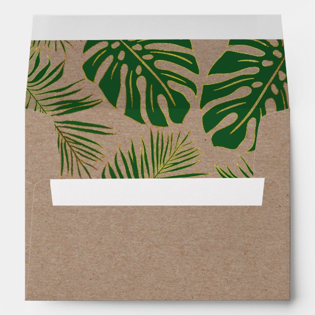 Green and gold tropical leaves rustic wedding envelopes (Back (Bottom))