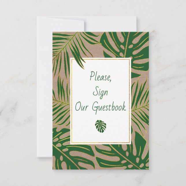 Green and gold tropical leaves sign our guest book invitation (Front)